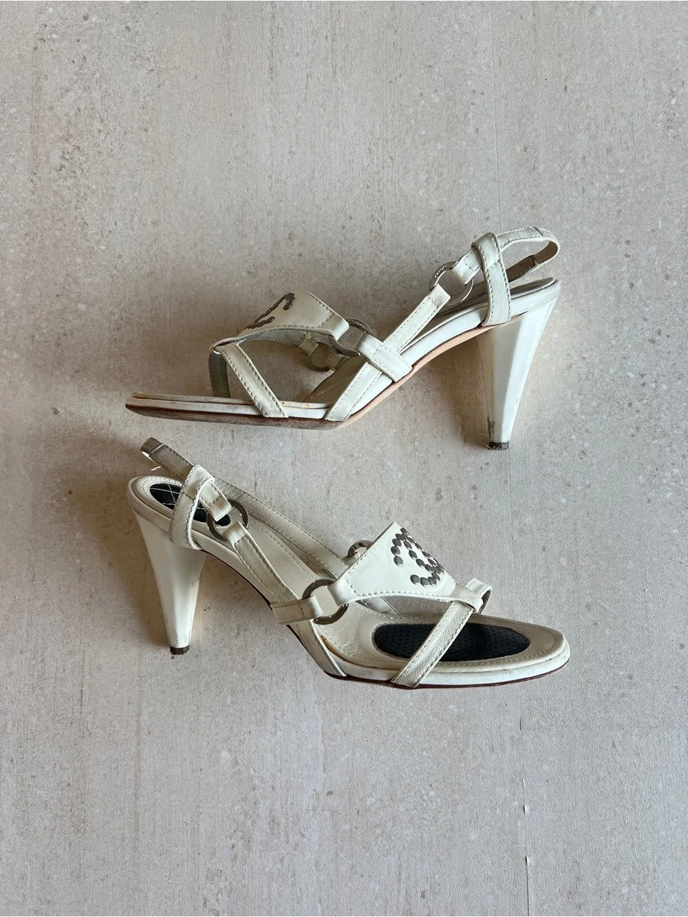 Vintage Chanel White Slingback Studded Sandals with Box
